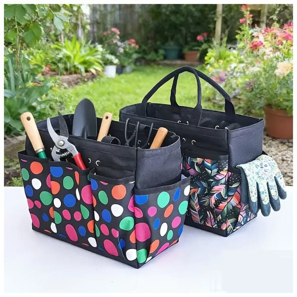 Multi-Color Feather Print Black Tote Bag Home Organizer Multiple Pockets